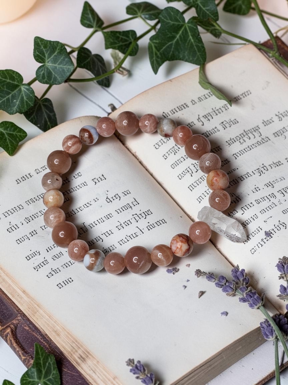 Pink-Brown Agate Stretch Bracelet with Clear Quartz Accent